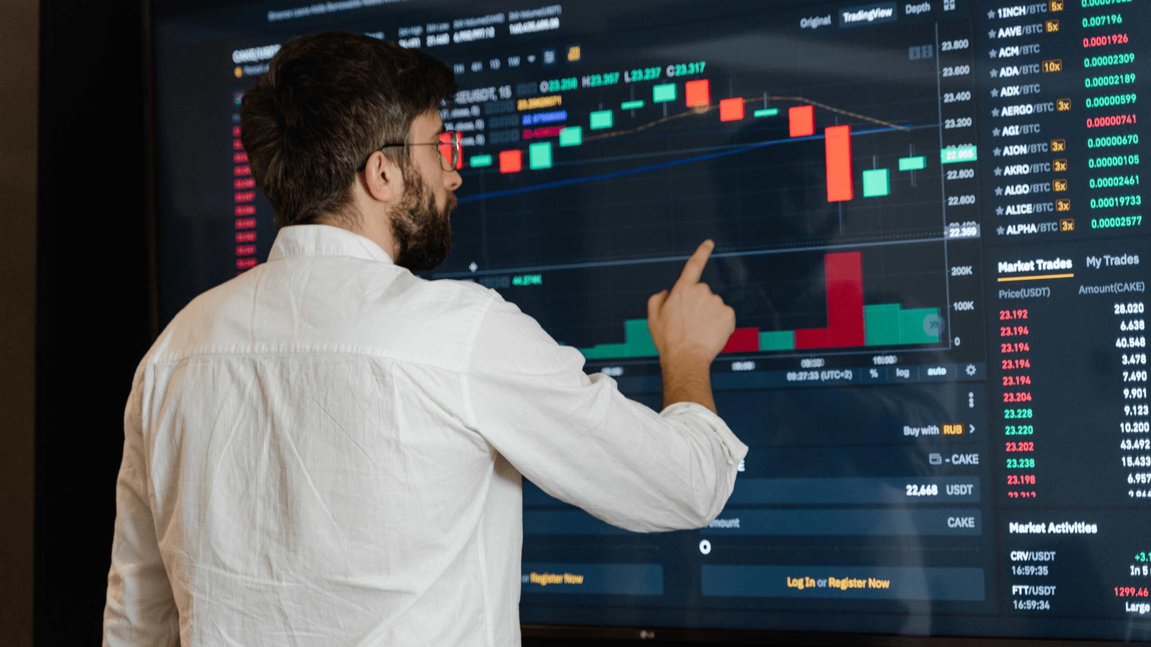 Man looking at a screen with investments