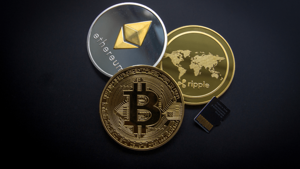 ETH, BTC and XRP coins as cryptocurrency staking